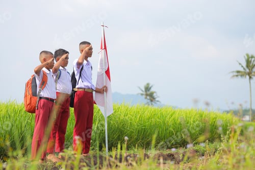 Preview: Indonesian Students In Uniform With Flag Showing Respect And National Pridecheerful