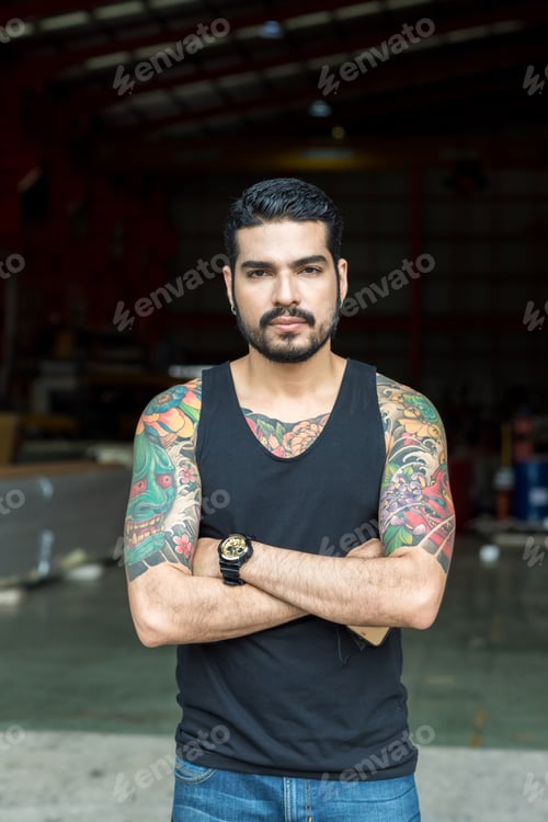 Preview: Asian Handsome bearded man. Hipster boy with tattoo. Brutal handsome man with tattooed body