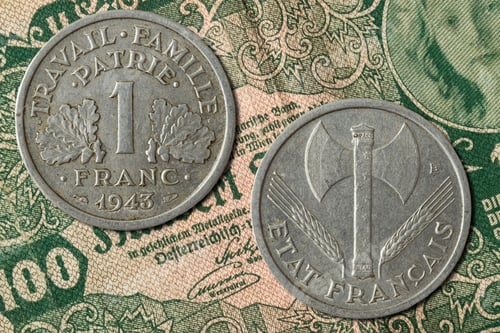 Preview: Vichy franc coin obverse and reverse, ww2 french state money