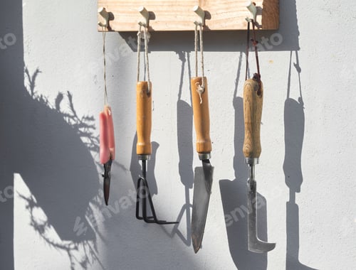 Preview: Gardening Hand Tools Hanging on a White Wall