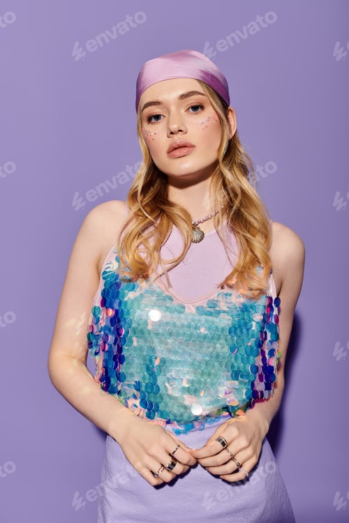 Preview: Elegant young woman showcases spring fashion trends with vibrant colors and stylish accessories