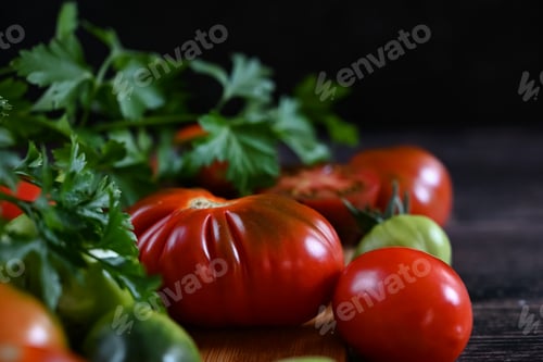 Preview: Fresh sliced tomatoes on black background, copy space