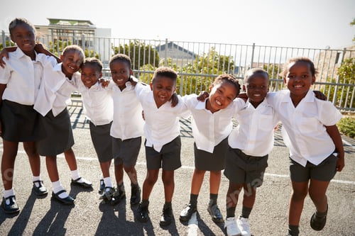 Preview: Elementary school kids in Africa posing in school playground