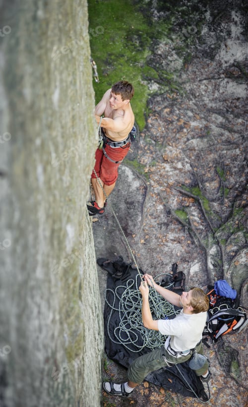 Preview: Muscular rock climber climbs on overhanging cliff