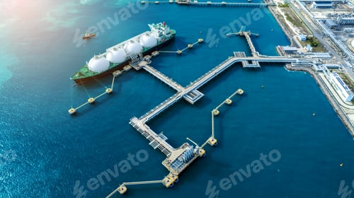 Preview: LNG (Liquified Natural Gas) tanker anchored in Gas terminal gas tanks for storage. Oil Crude