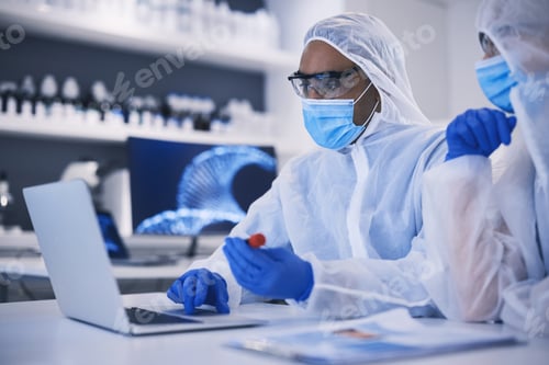 Preview: Laptop, science and blood sample with a medical team in a laboratory for research or innovation. Co
