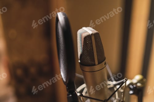 Preview: Closeup of a professional studio microphone with a pop filter, audio studio equipment