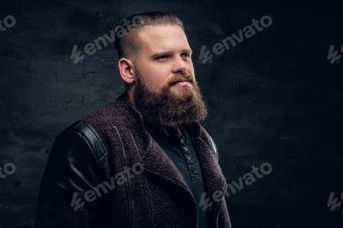 Preview: Portrait of bearded male on grey vignette background.