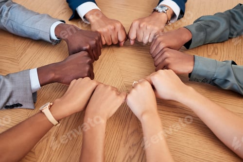 Preview: Diversity, teamwork and circle of hands in fist, aerial view for support, community and unity in wo