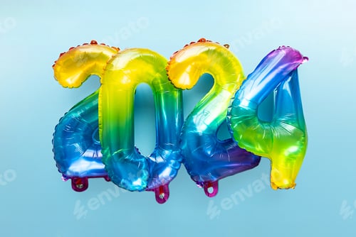 Preview: 2024 numbers by rainbow foil balloons. New Year layout.