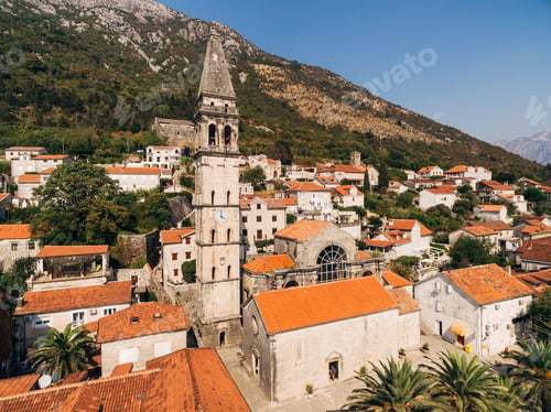 Preview: Ancient stone bell tower in Perast. Montenegro