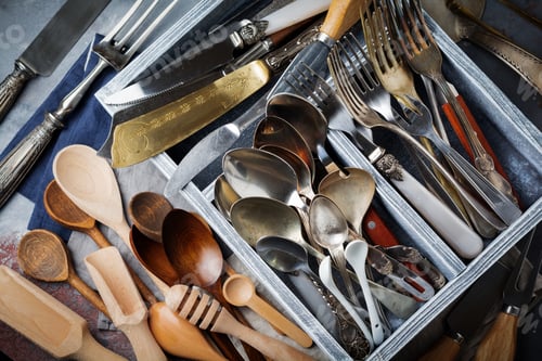 Preview: Vintage forks, spoons and knives in a dark old wooden box on a gray concrete or stone background. Se