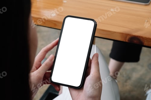 Preview: Mock up phone in woman hand showing white screen, female using mobile phone with blank screen for