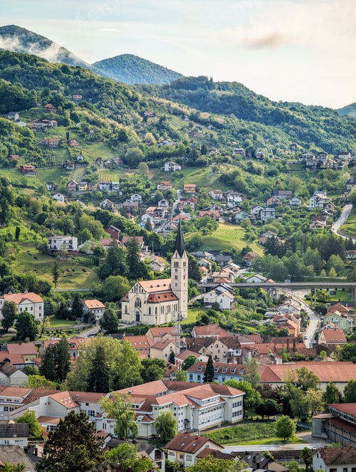Preview: Beautiful hillside cityscape, St Nicholas Parish Church in Krapina, Croatia, Hrvatsko zagorje, build