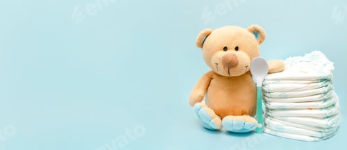 Preview: diapers with teddy bear.infant for baby shower present gift. Healthcare medical, hygiene concept