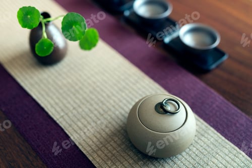 Zen Tea Ceremony Setting with Traditional Tableware