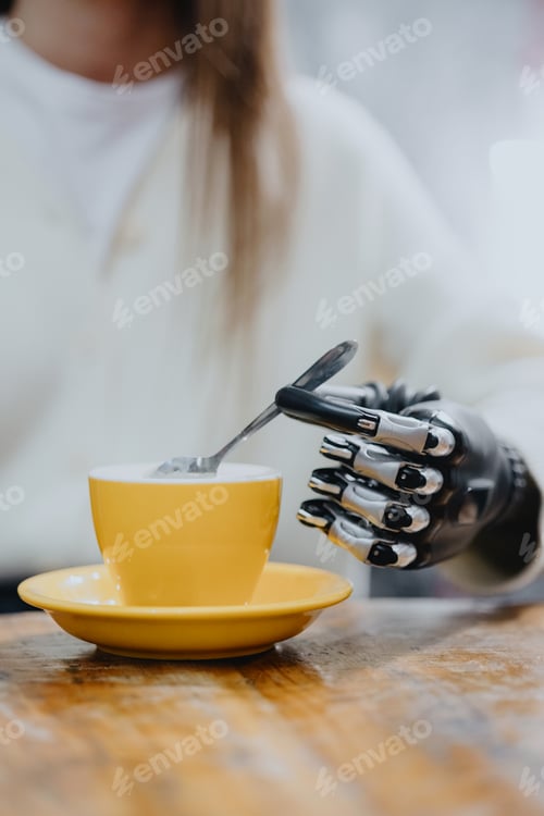 Preview: woman with a bionic prosthetic arm is working on a laptop and drinking coffee in a coffee shop