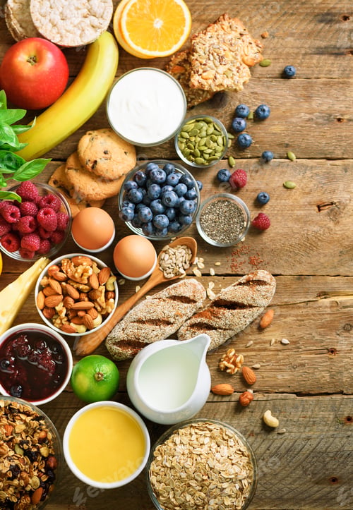 Preview: Healthy breakfast ingredients, food frame. Granola, egg, nuts, fruits, berries, toast, milk, yogurt