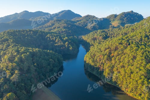Preview: River lake with forest trees in Pang Ung reservoir, Mae Hong Son, Thailand. Tourist attraction