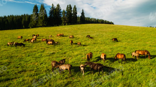 Preview: Herd of hucul pony grazing in a valley on a sunny day in Sihla, Slovakia