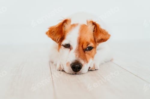 Preview: portrait of angry or tired jack russell dog at home