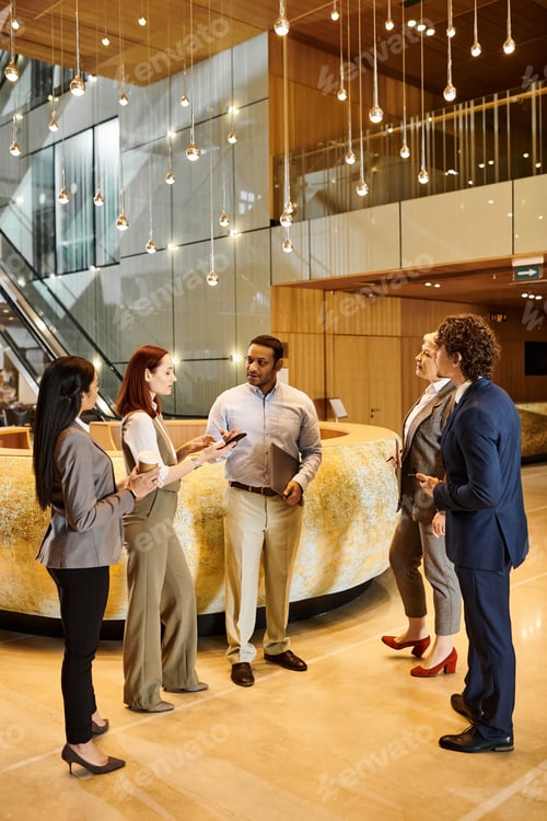 Preview: Diverse Professionals Mingling in Modern Lobby