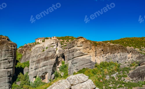 Preview: Meteora monastery on Corfu mountains with greenery.