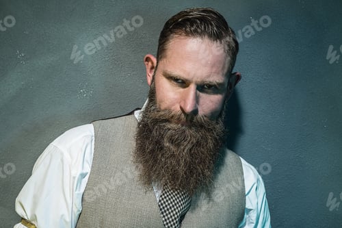 Preview: Close Up Gorgeous Adult Man With Long Goatee Beard Looking Fierce At The Camera Against Gray Wall.