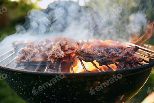 Preview: Grilling chicken meat on barbecue at garden during summer day.