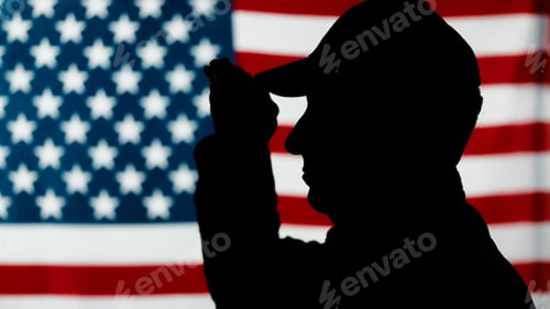 Preview: American military veteran stands at attention with military flag salute.