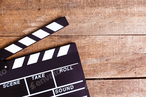 Preview: Movie Clapboard on Rustic Wooden Background