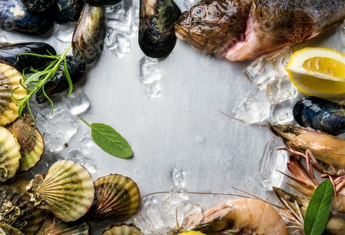 Preview: Fresh seafood with herbs and lemon on ice