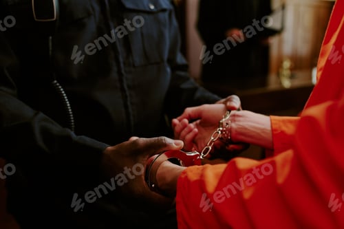 Preview: Caucasian Young Adult Man in Handcuffs Being Escorted by Black Police Officer