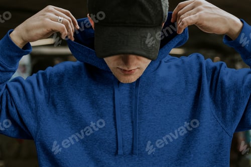 Preview: Man with black cap wearing blue hoodie