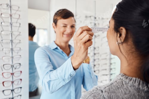 Preview: Shot of an optometrist examining her patients eyes with a pd ruler