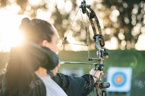 Preview: Archer training, target and bow and arrow practice for outdoor archery, athlete challenge or girl f