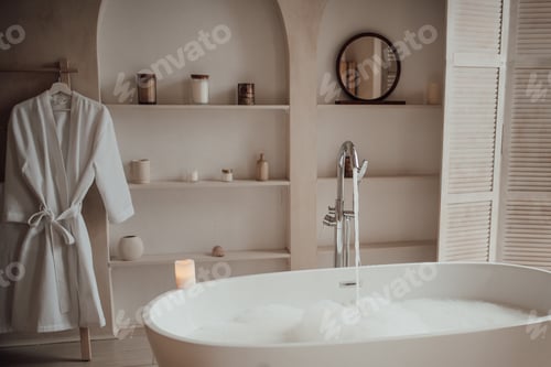 Preview: Luxurious interior bathroom in modern minimalist bright earth tones style with oval bathtub