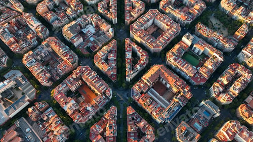 Preview: Aerial view of typical buildings of Barcelona cityscape. Eixample residential famous urban grid