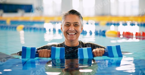 Preview: Dumbbell, portrait and mature woman in swimming pool for exercise, healthy body and strong muscle.