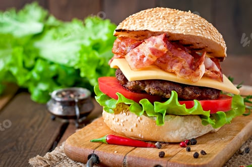 Preview: Big sandwich - hamburger burger with beef, cheese, tomato and fried bacon