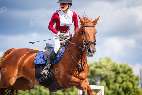 Preview: Close up portrait of young jockey girl leaping over obstacle on show jumping competition