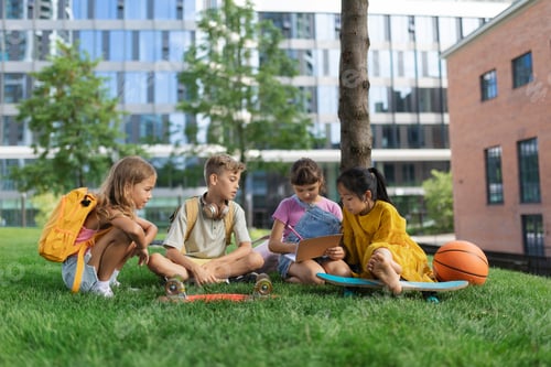 Preview: Happy kids playing and talking together in city park, during summer day.