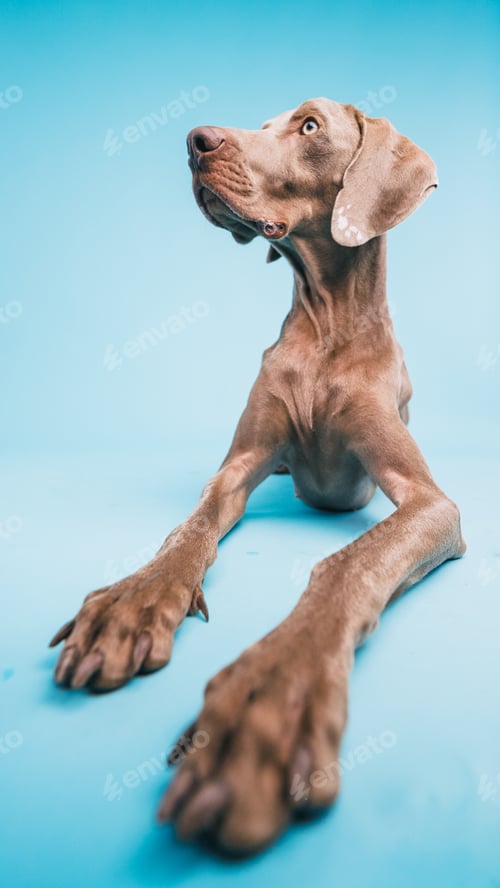 Preview: Weimaraner dog looking up curiously