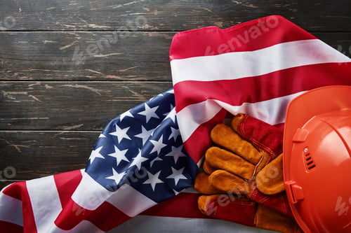 Preview: Happy Labor Day. Construction tools hammer, wrench, screwdriver, pliers, construction helmet