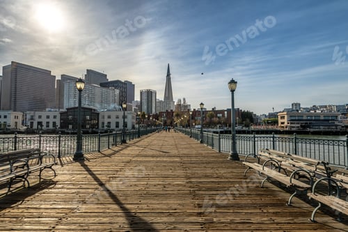 Preview: Pier 7 view of Downtown skyline - San Francisco, California, USA