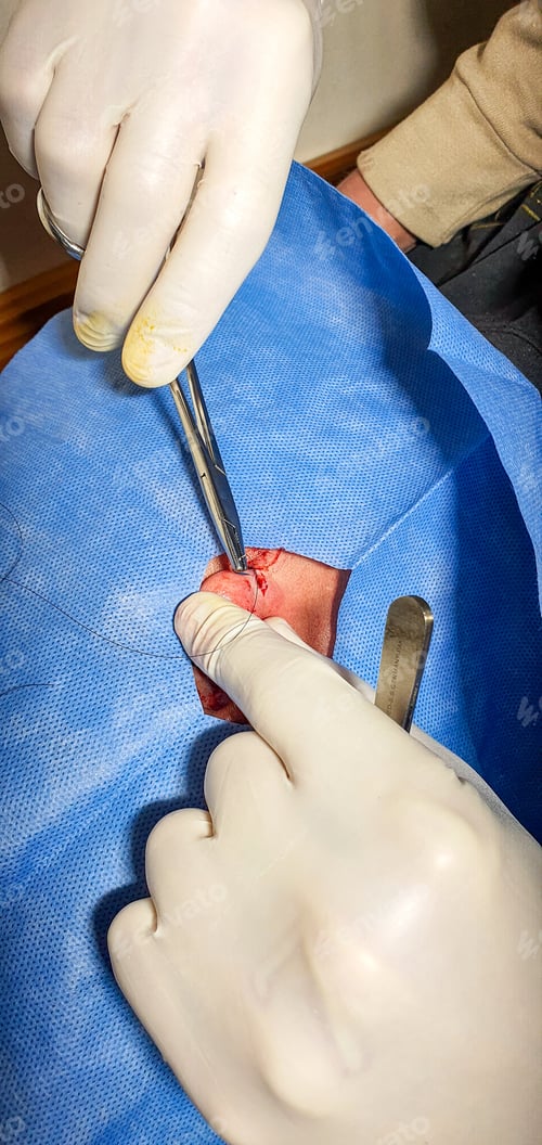 Preview: Vertical shot of the doctor's hands doing the ear surgery