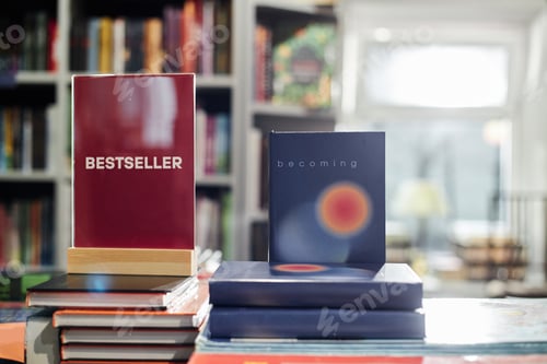 Preview: Stack of Books Featuring Bestseller and Becoming Displayed in Bookstore