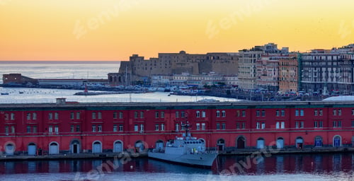 Preview: Navy Warship at a port of Historic Downtown City on Mediterranean Coast of Naples, Italy
