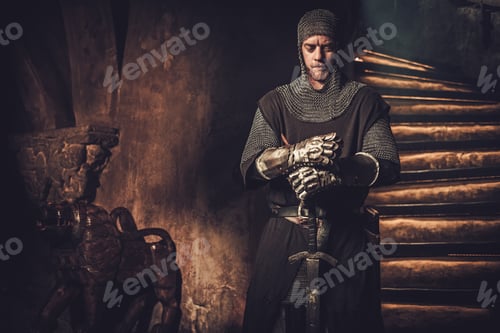 Preview: Medieval knight in ancient castle interior.