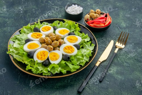 Preview: front view boiled sliced eggs with olives and green salad on dark blue background food health tea